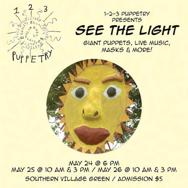 poster for 1-2-3 puppetry show in southern village, chapel hill, with picture of a sun puppet