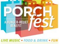 Logo for PorchFest, a hunger-relief benefit in Chapel Hill. Several grocery bags of different colors.