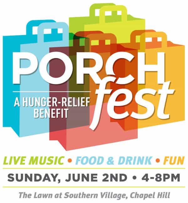 Logo for PorchFest, a hunger-relief benefit in Chapel Hill. Several grocery bags of different colors.