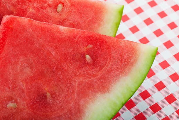 Closeup Of Two Slices Of Juicy Red Watermelon Shallow Depth Of Field