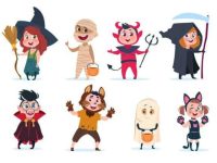 Halloween Kids Cartoon Children In Halloween Costumes Funny Girls And Boys At Party Vector Isolated Charactres Illustration Of Girl And Boy Costume