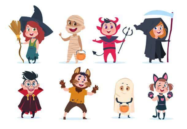 Halloween Kids Cartoon Children In Halloween Costumes Funny Girls And Boys At Party Vector Isolated Charactres Illustration Of Girl And Boy Costume
