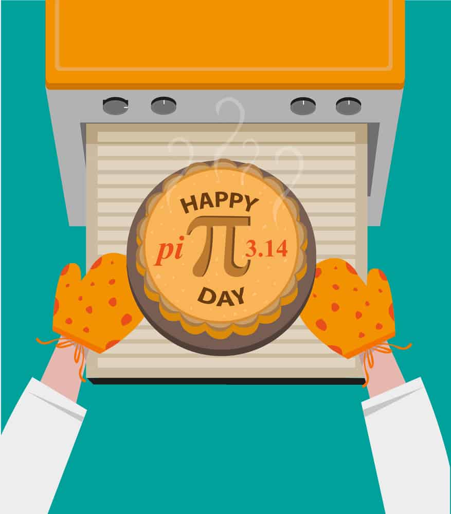 illustration of pie decorated with pi coming out of the oven for Pi Day