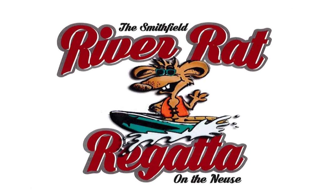 Logo for Smithfield River Rat Regatta. A cartoon rat on a boat with the words River Rat Regatta