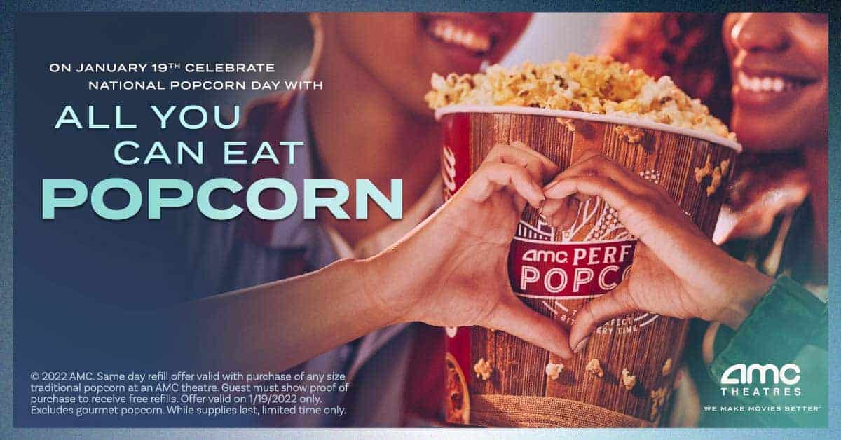 Allyoucaneat popcorn on National Popcorn Day at AMC Theatres
