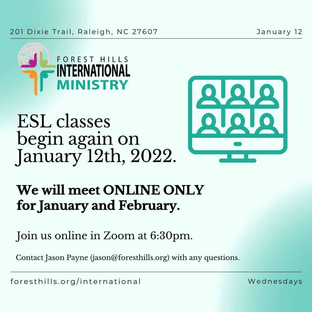 Free English as a Second Language Classes on Wednesdays (currently online only)