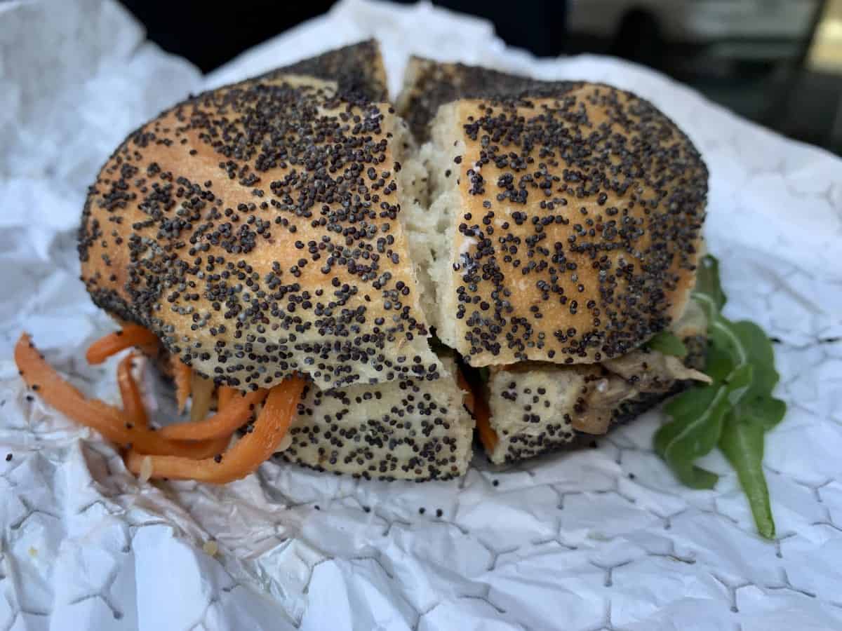 Close up of a bagel sandwich from Everything Bagels at Durham Food Hall