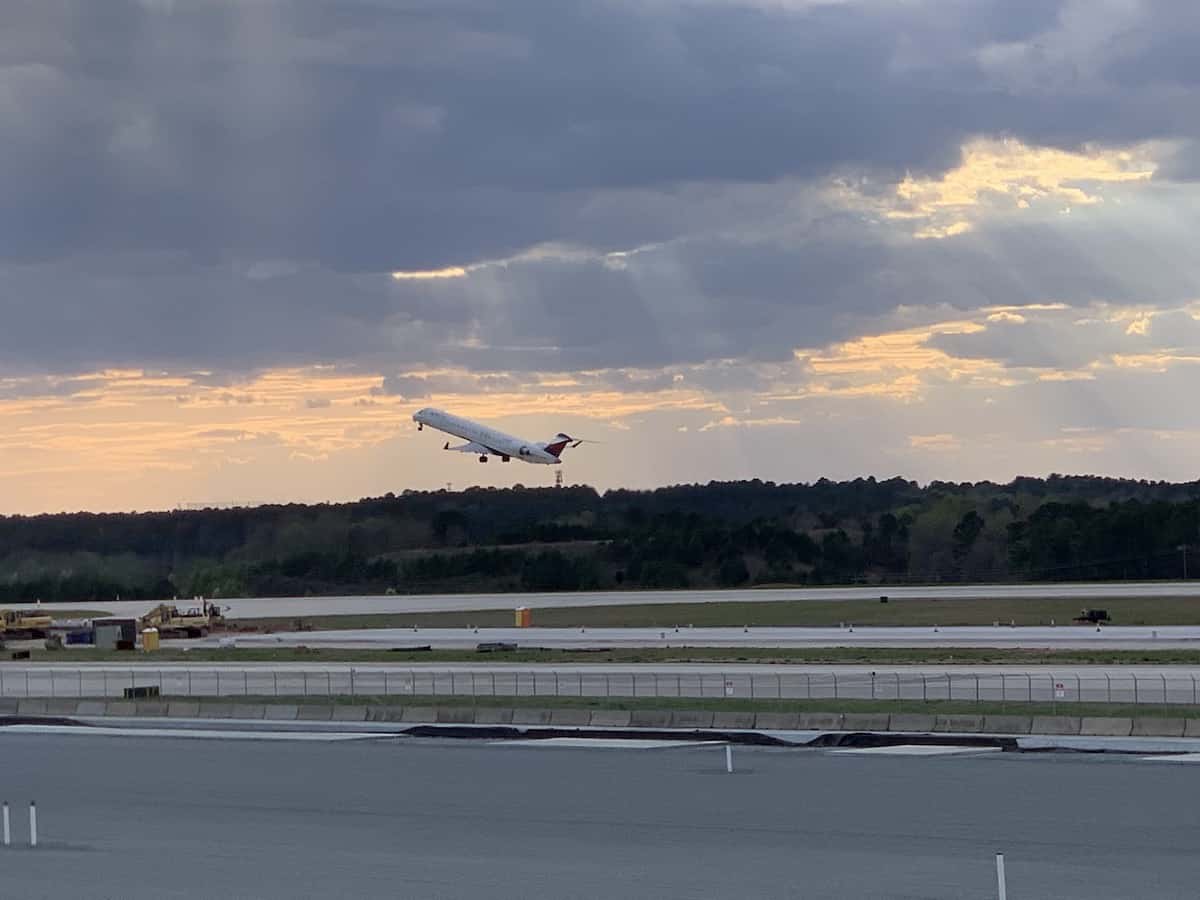 Plane taking off at RDU, viewed from Observation Park