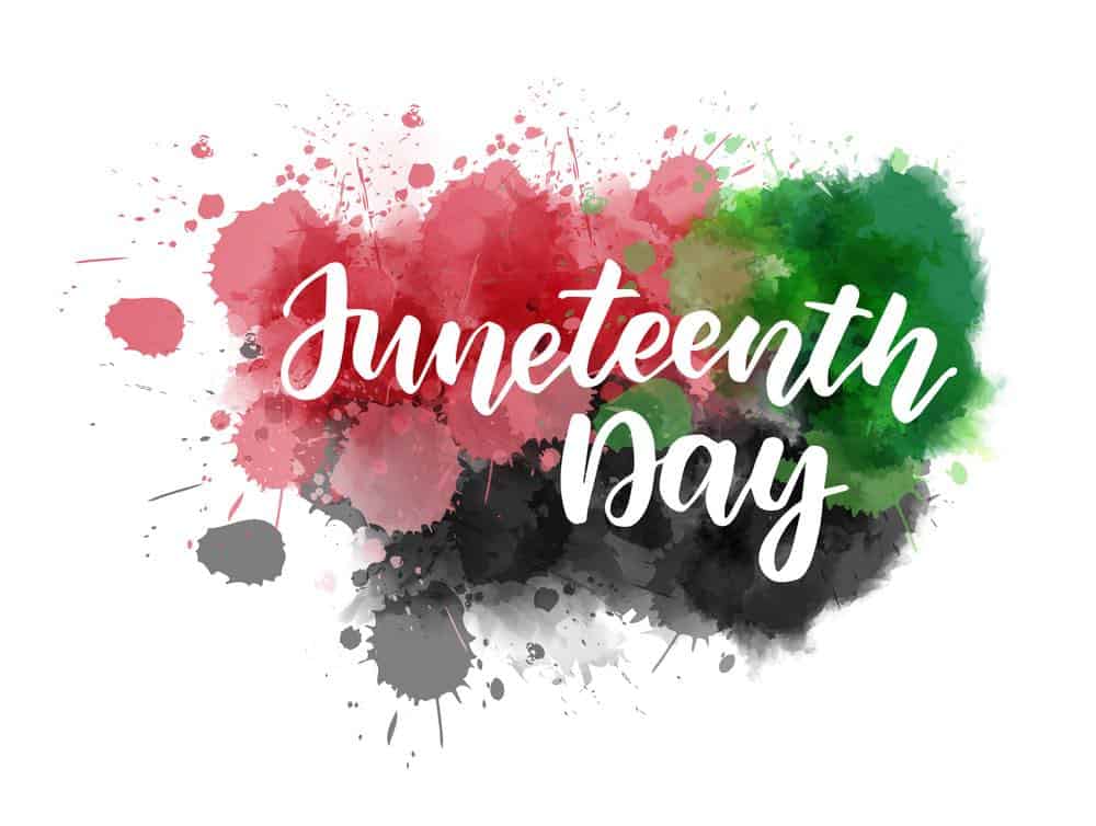 juneteenth with splatters of red, green and black paint