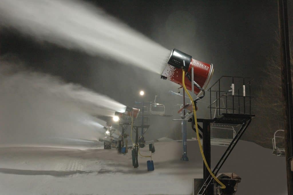 Snow making machine at Cataloochee Ski Area working at night
