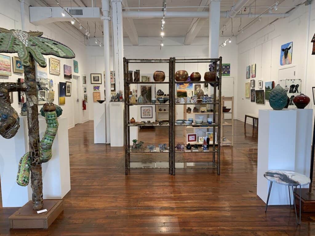 Eno Arts Mill gallery, with sculptures, pottery and paintings