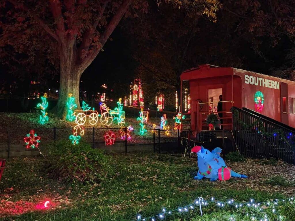 Lighted Christmas displays and a red train