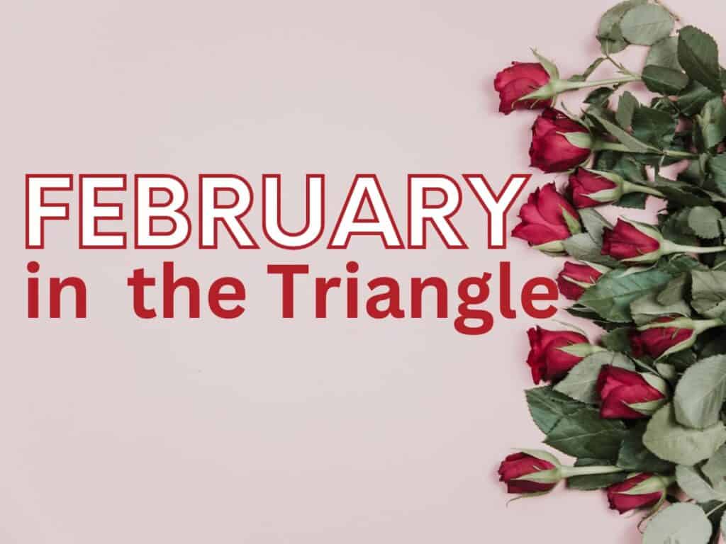 The words February in the Triangle, with roses to the right