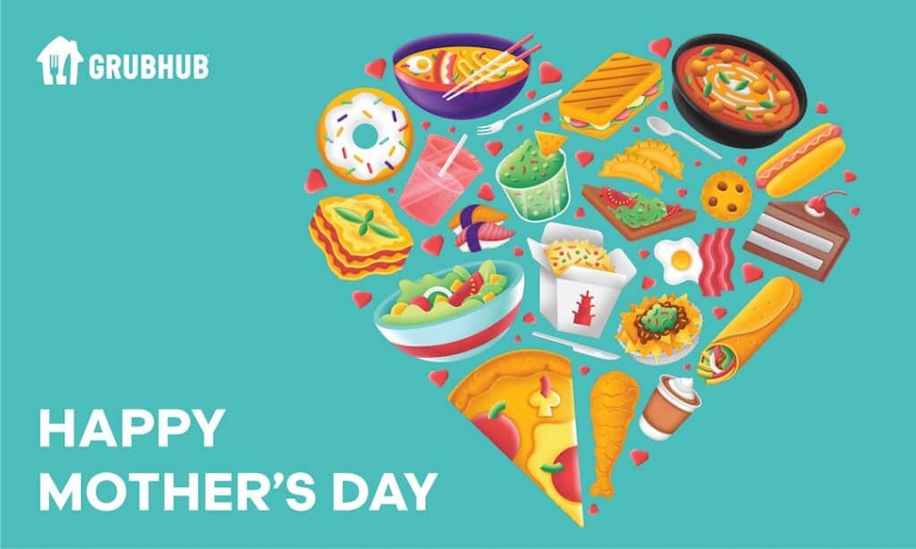 Mother's Day card from GrubHub, with images of various kinds of food, arranged into the shape of a heart.