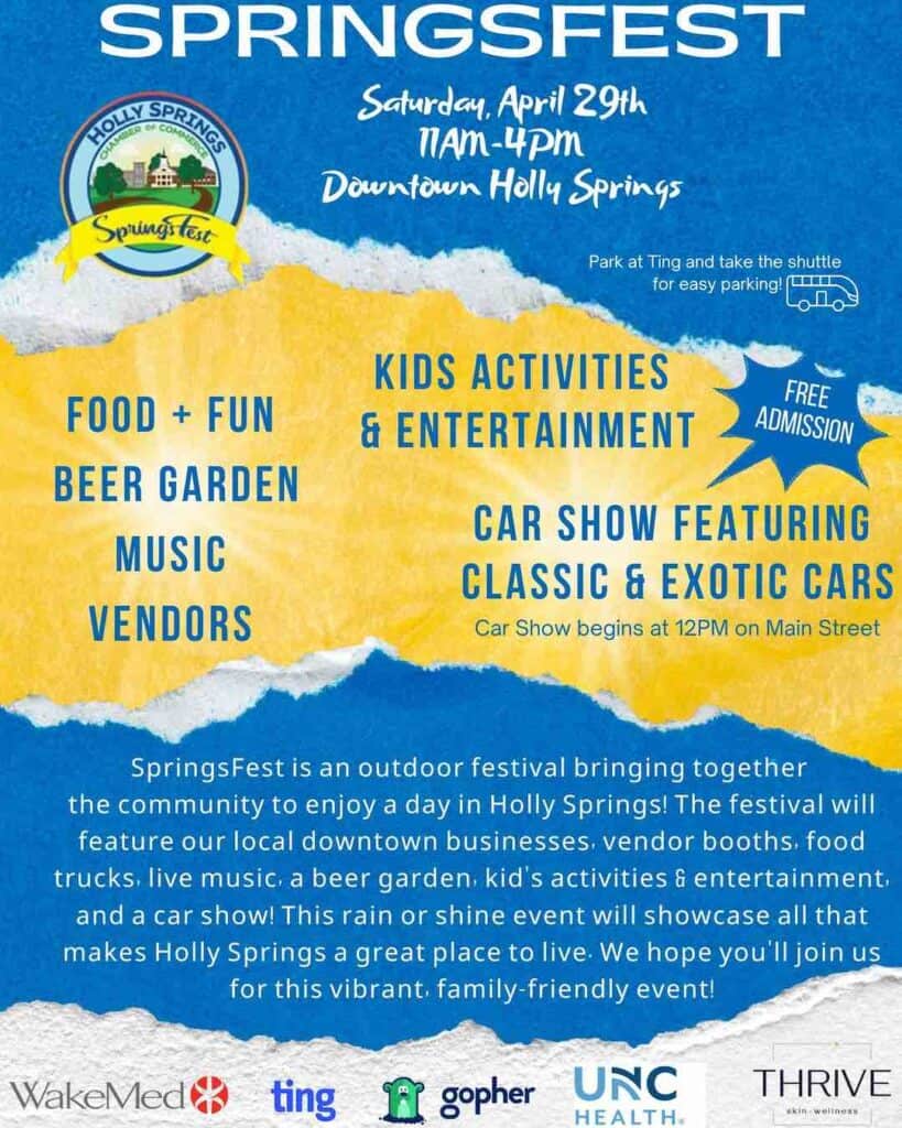 poster for SpringsFest. Blue and Yellow with Holly Springs town crest