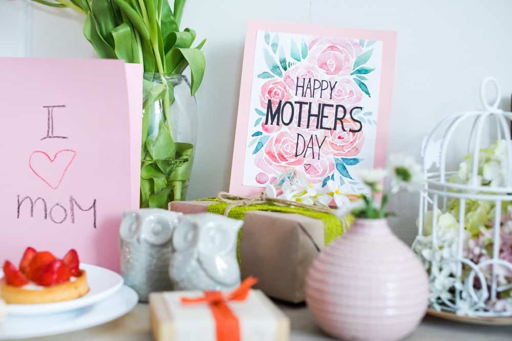 arrangement of Mother's Day cards and gifts