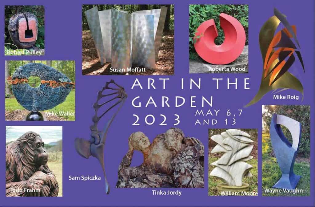 flyer for art in the garden 2023. purple background with example of sculpture