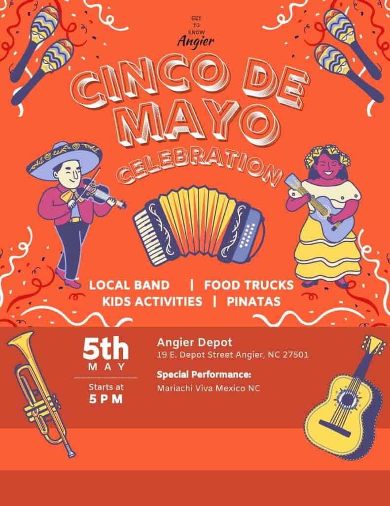 Poster for Cinco de Mayo Celebration in Angier. Orange background.