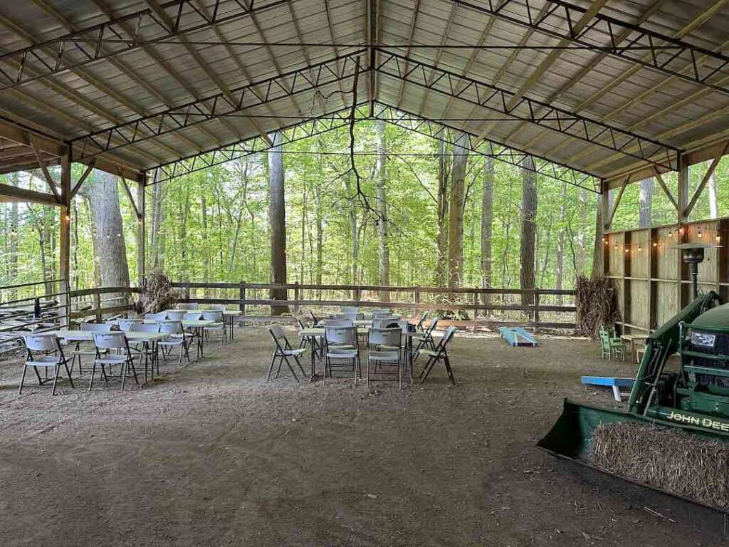 Tables and chairs in a covered area
