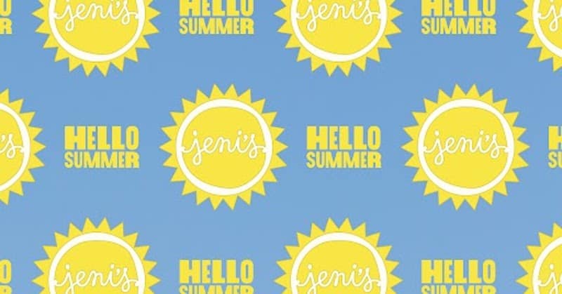 flyer for jeni's hello summer event. Yellow suns on blue background