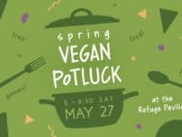 poster for spring vegan potluck at piedmont farm animal refuge on may 27. Image includes dark green table wear against a light green background