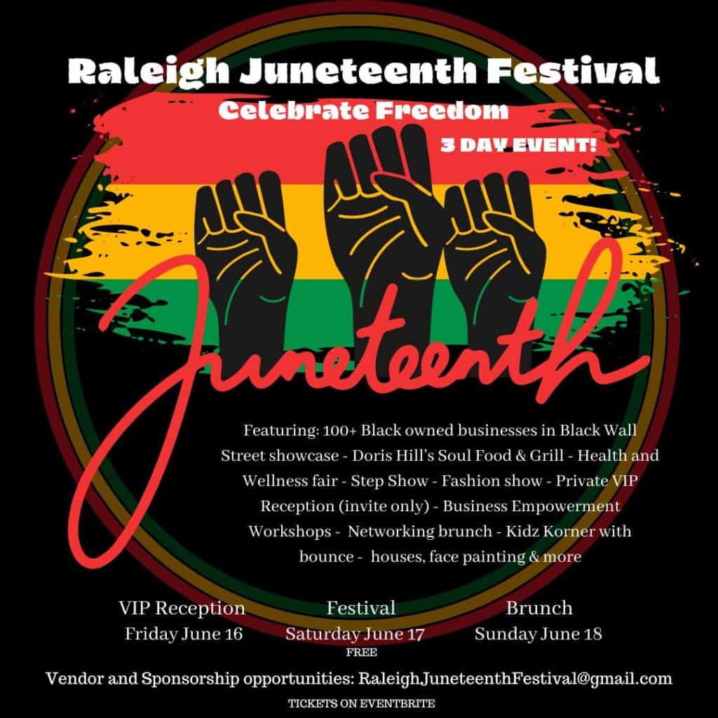 flyer for Raleigh Juneteenth festival, with list of features