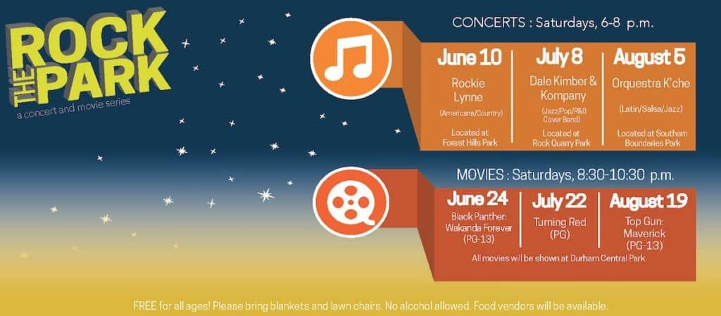 poster for Durham's Rock the Park Movie and Concert series