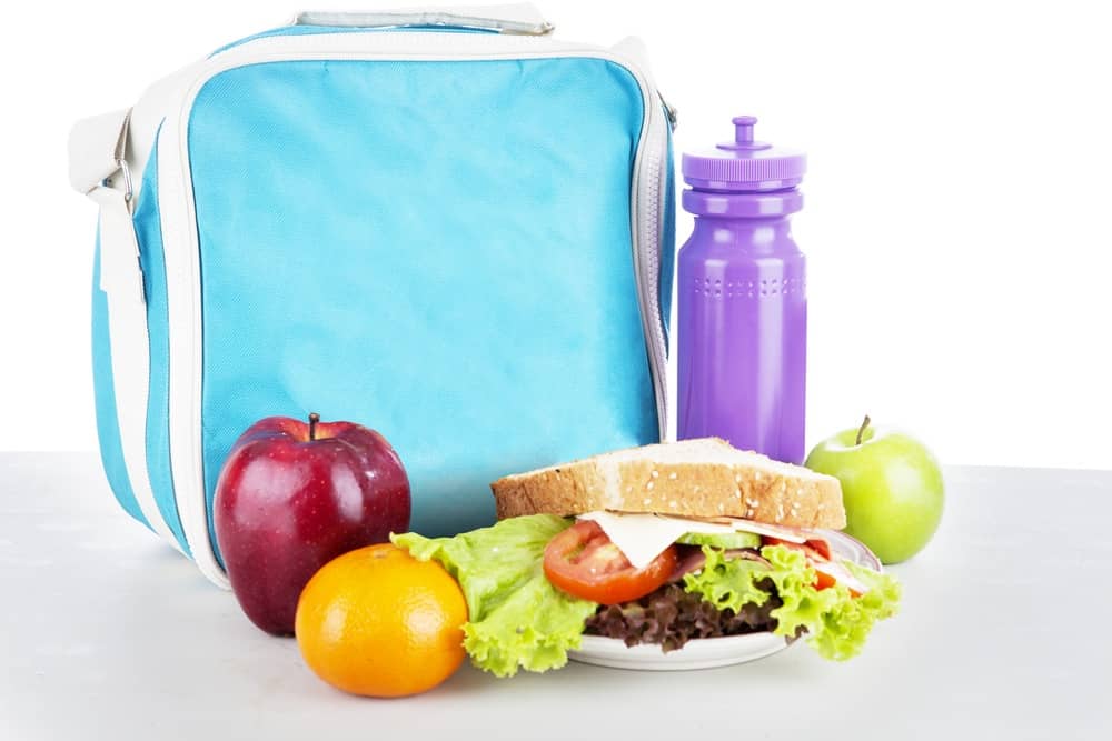 blue lunch box, purple water bottle and lunch