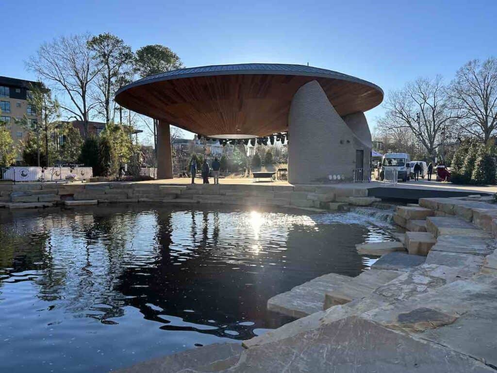 water feature and back of pavilion, at Downtown Cary Park