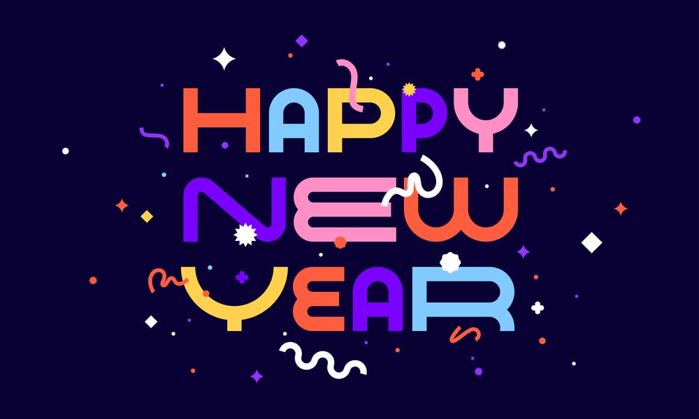 Happy New Year graphic with colorful letters