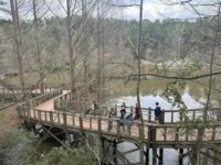 People walking on walkway over water at Museum of Life and Science