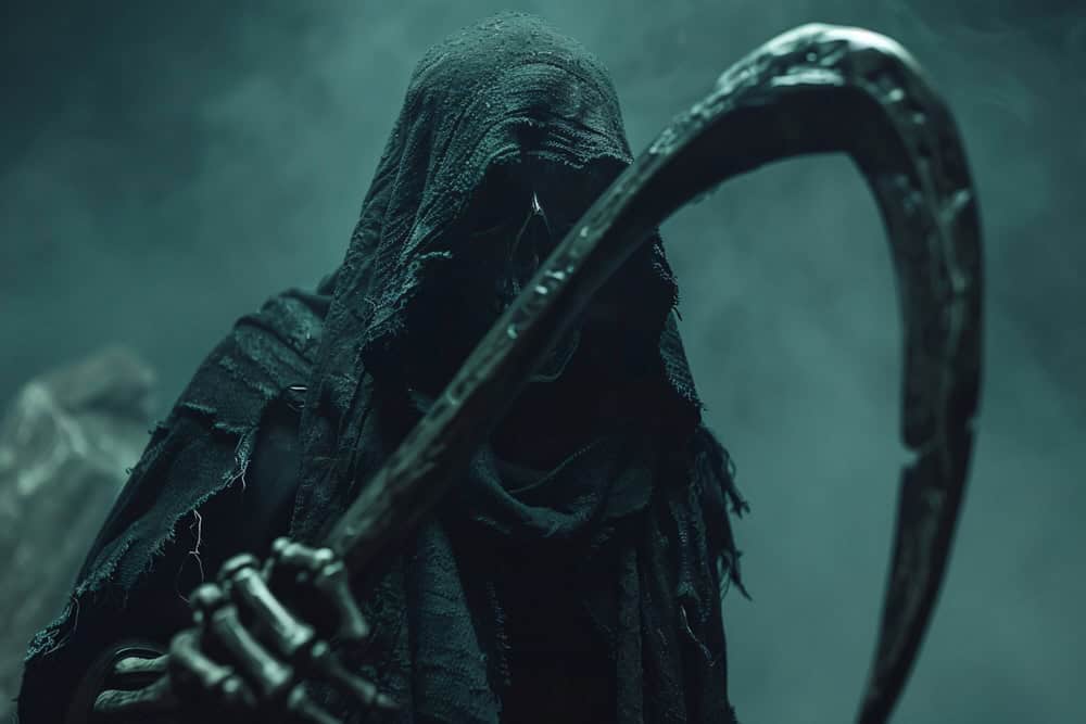 Sinister grim reaper is holding a scythe in a foggy landscape