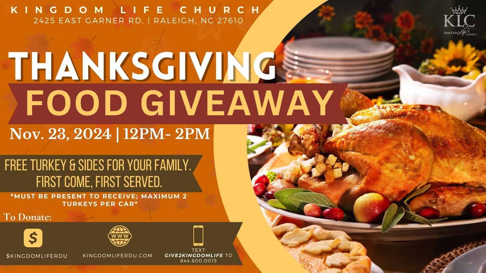 Free Thanksgiving Meal Giveaway at Kingdom Life Church Nov. 23