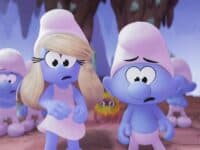 Ken (Nick Offerman), Smurfette (Rihanna), No Name (James Corden) and Brainy Smurf (Xolo Mariduena) in Smurfs from Paramount Animation.