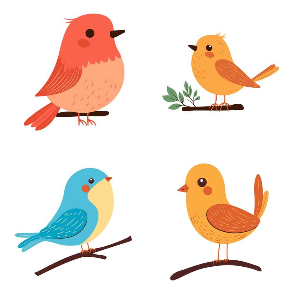Collection of Colorful Cute Bird Animal Cartoon Perched on a Tree Branch