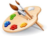 Wooden palette with paints and brushes - vector illustration.