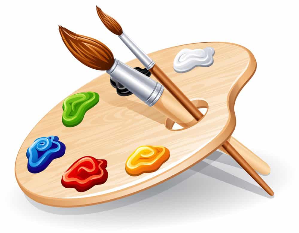 Wooden palette with paints and brushes - vector illustration.