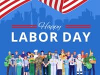 Happy Labor Day. Various occupations people standing with American flag. Vector