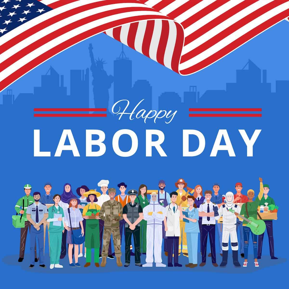 Happy Labor Day. Various occupations people standing with American flag. Vector