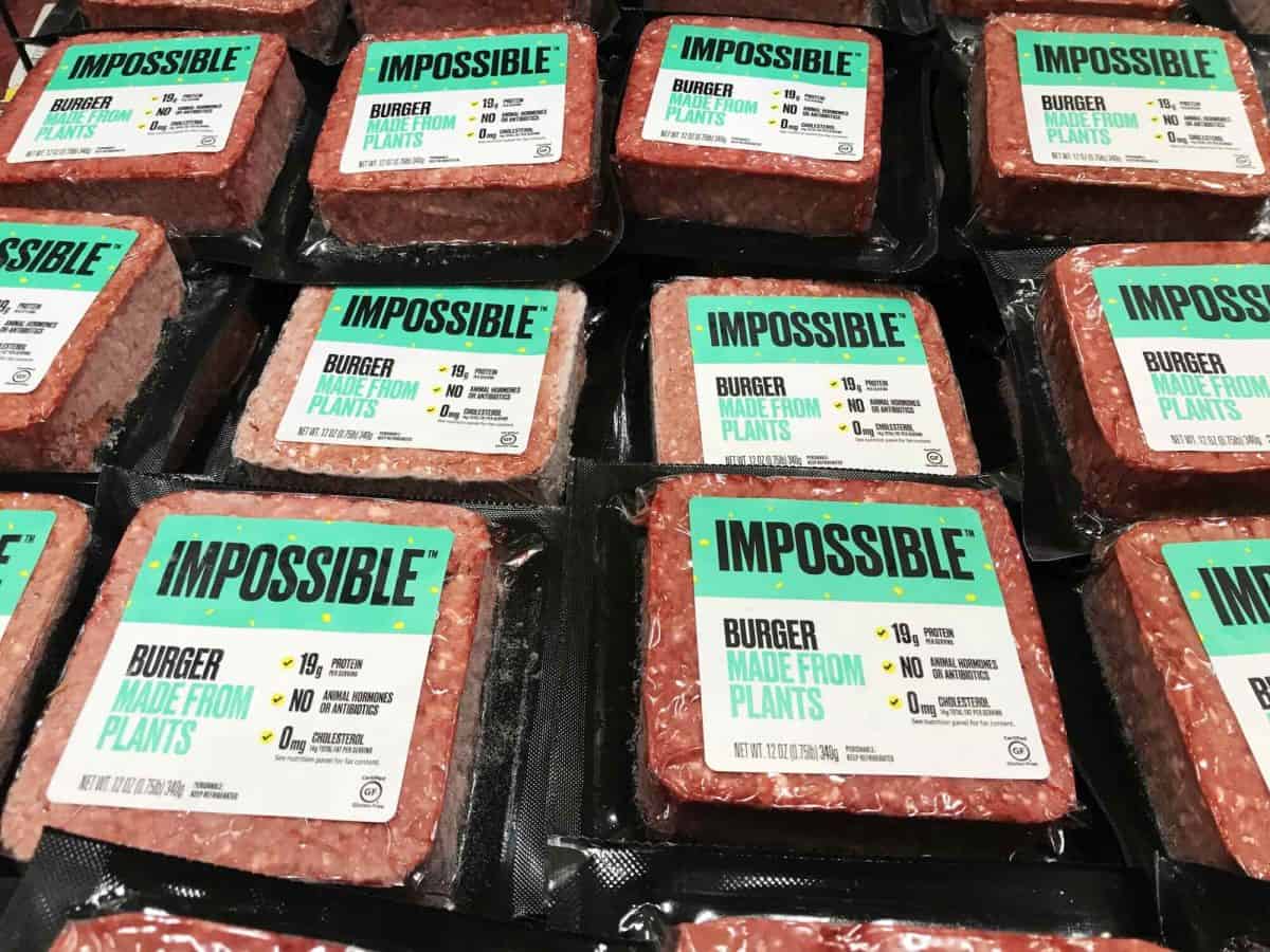 Packages of Impossible Burgers in grocery store