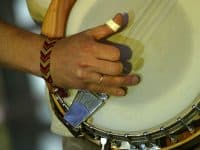 Close-up of a man playing a banjo