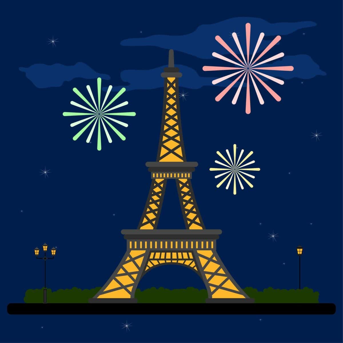 Colored french landscape at night with the Eiffel tower - Vector