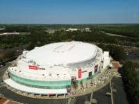 Aerial view of the Lenovo Center , formerly PNC arena , home of the Carolina Hurricanes NHL hockey team and NC State men's basketball team