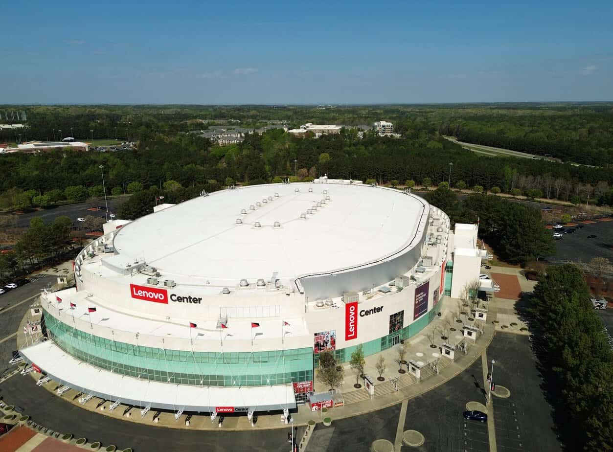 Aerial view of the Lenovo Center , formerly PNC arena , home of the Carolina Hurricanes NHL hockey team and NC State men's basketball team