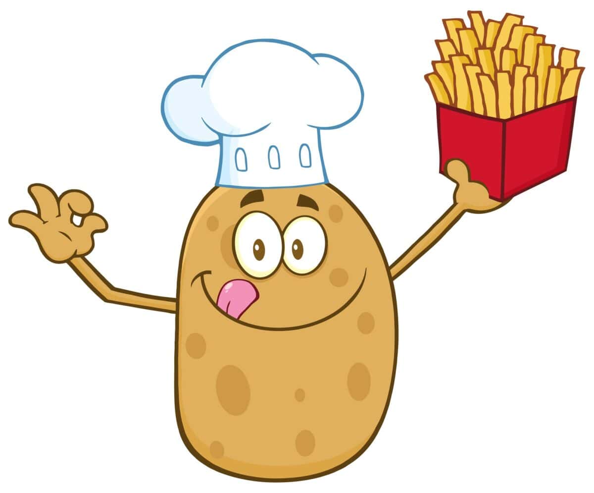 Cartoon potato with chef hat holding order of fries
