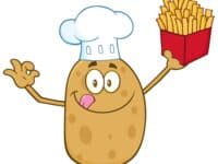 Cartoon potato with chef hat holding order of fries