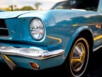 Close up view of blue classic American muscle car at vintage car show.