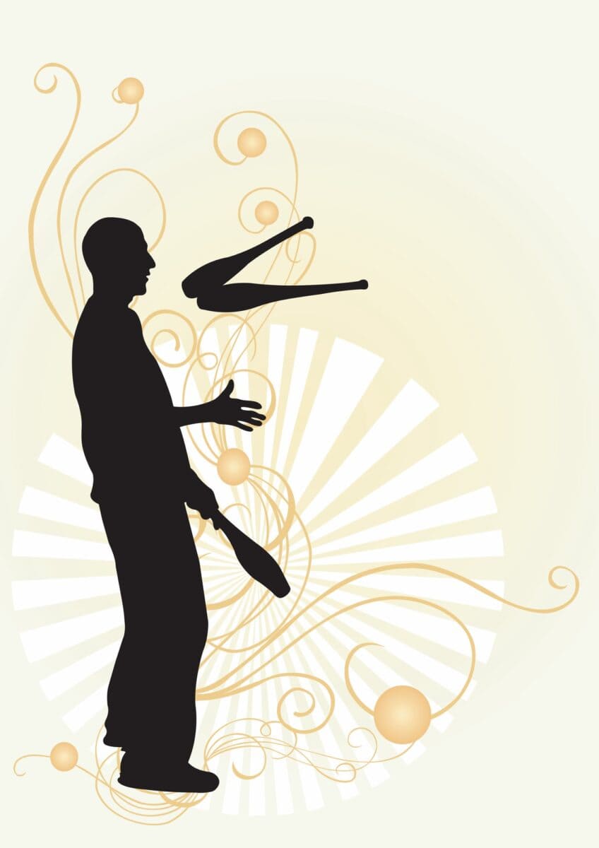 Illustration of a juggler juggling bats