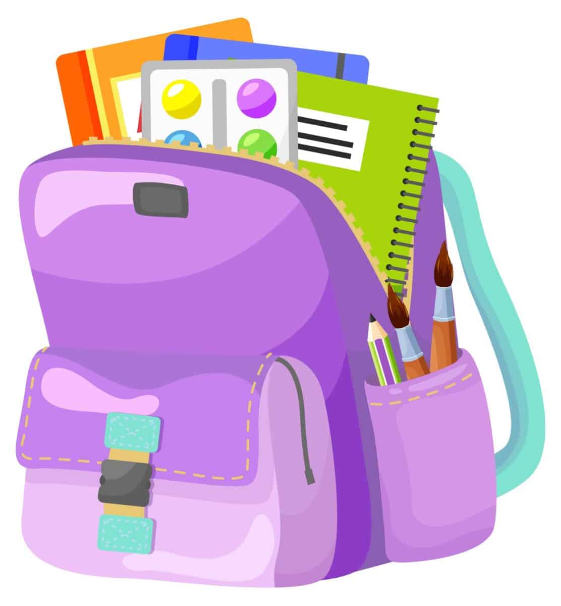 Colored school backpack. Education and study back to school, schoolbag luggage, rucksack vector illustration. Kids school bag with education equipment. Backpacks with study supplies. Student satchels