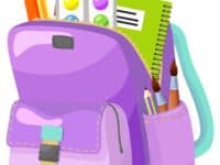 Colored school backpack. Education and study back to school, schoolbag luggage, rucksack vector illustration. Kids school bag with education equipment. Backpacks with study supplies. Student satchels